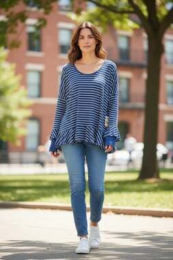 Free People We The Free Striped Sweater Ruffle Bell Sleeve Knit Top Blue White